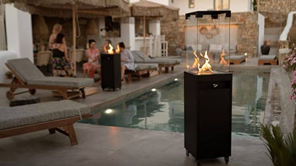 Planika Faro 59″ – Outdoor Propane Fire Column (Glass Shields, Black Glass Pebbles, Gas reductor incl) Gas Fireplace with 27k of BTU