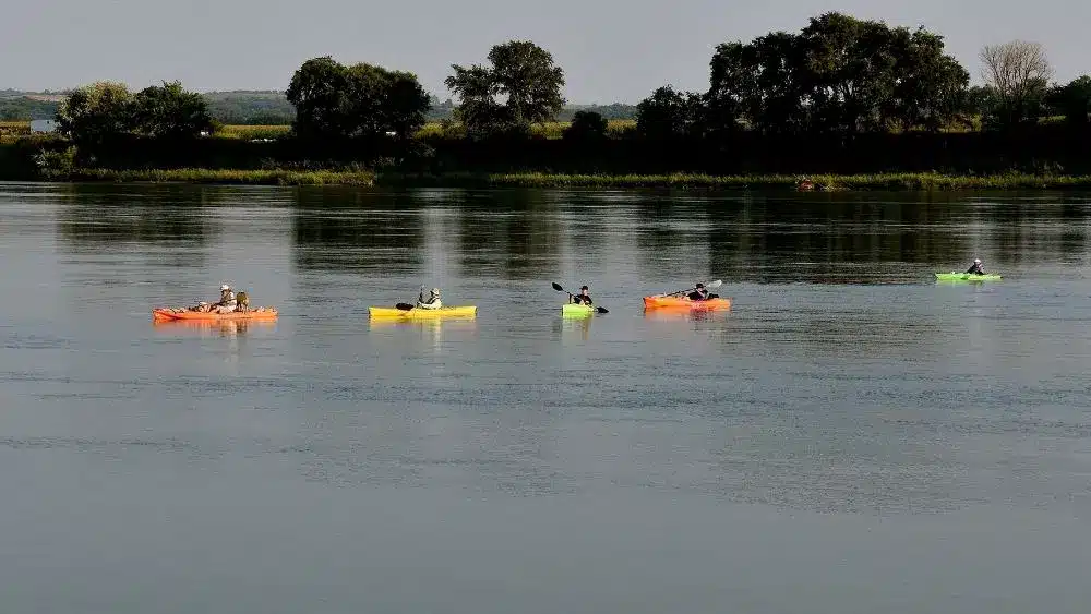 cuatro kayakistas en el río missouri en dakota del sur